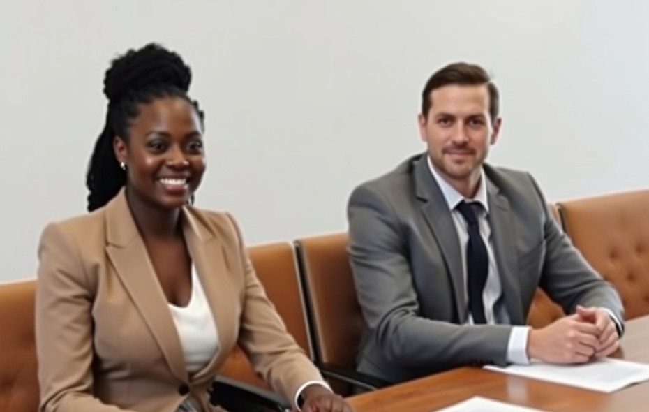 ten second clip of a meeting with a black woman in a white business suit and a man in a gr