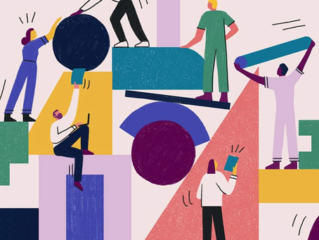 Ilustración abstracta de personas colaborando para construir estructuras, representando el valor de una cotización en diseño como un proceso colectivo, técnico y creativo.