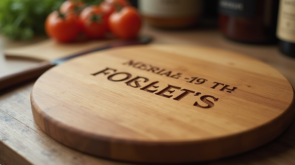 Close-up view of a personalized wooden cutting board with engraved text