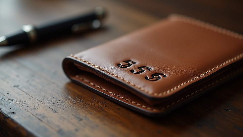 Close-up view of a personalized leather wallet with embossed initials