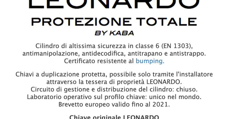 LEONARDO. CILINDRI DI ALTISSIMA SICUREZZA