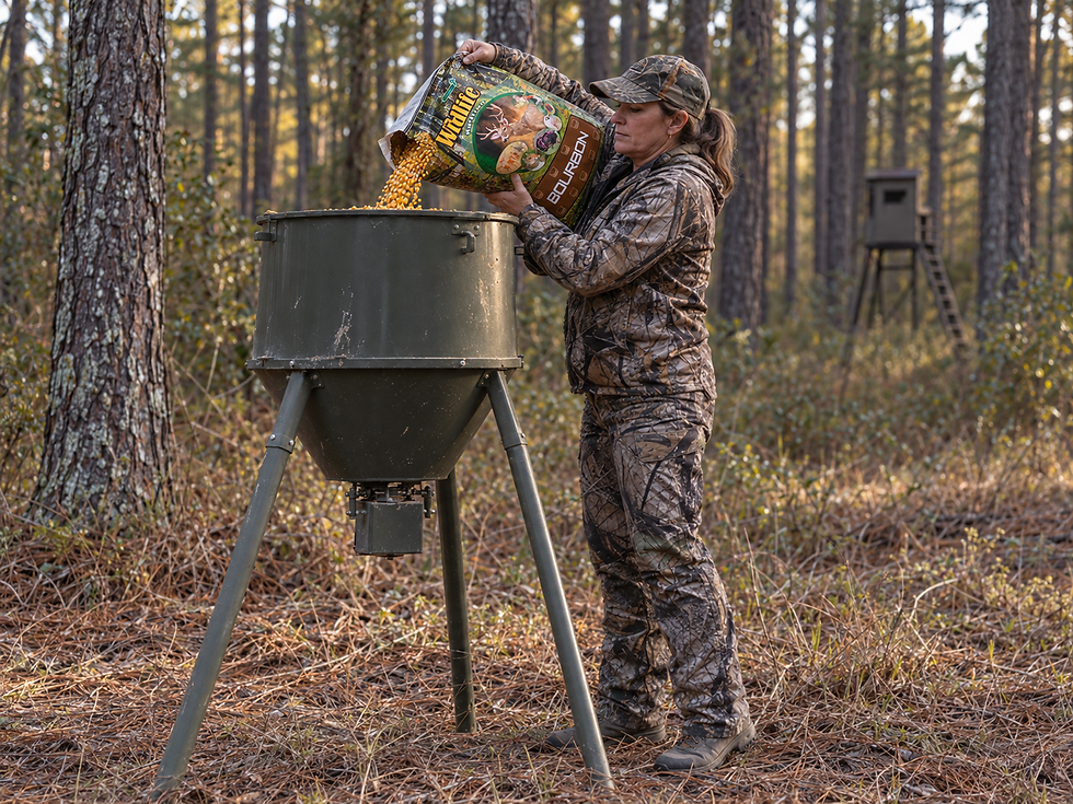 Deer Hunter Filling Feeder with Bourbon Deer Corn