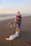 Frau mit Hunden am Strand