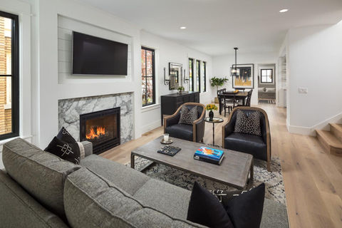 Modern living room with fireplace and dining area