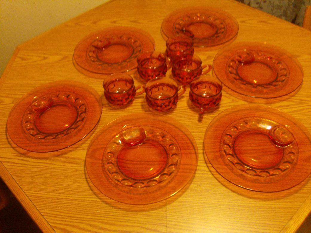 Old Vintage Indiana Glass Amber King Crown Thumb Print Snack and  Cup