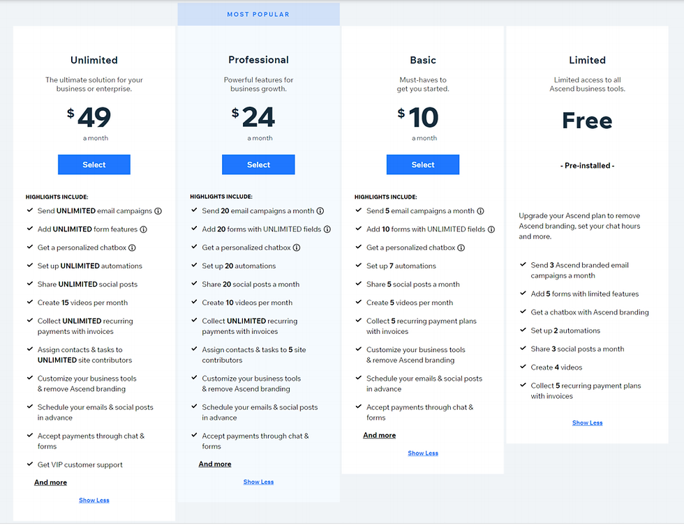 Wix Ascend Pricing