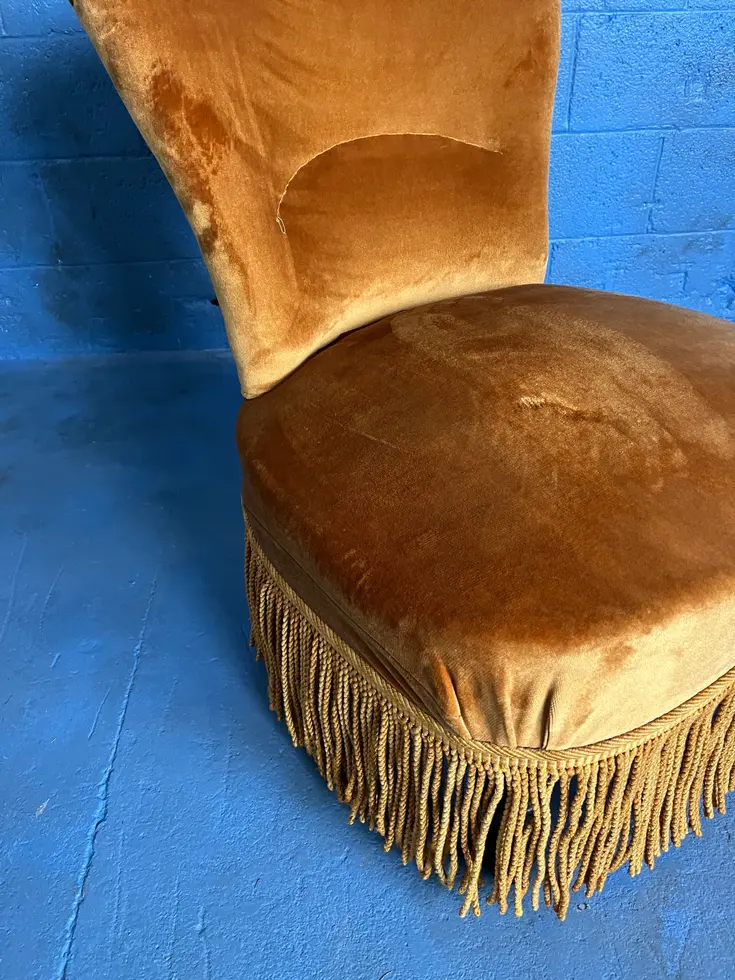 Two French Mid-Century Arm & Slipper Gold Velvet Lounge Chairs Fringe Base