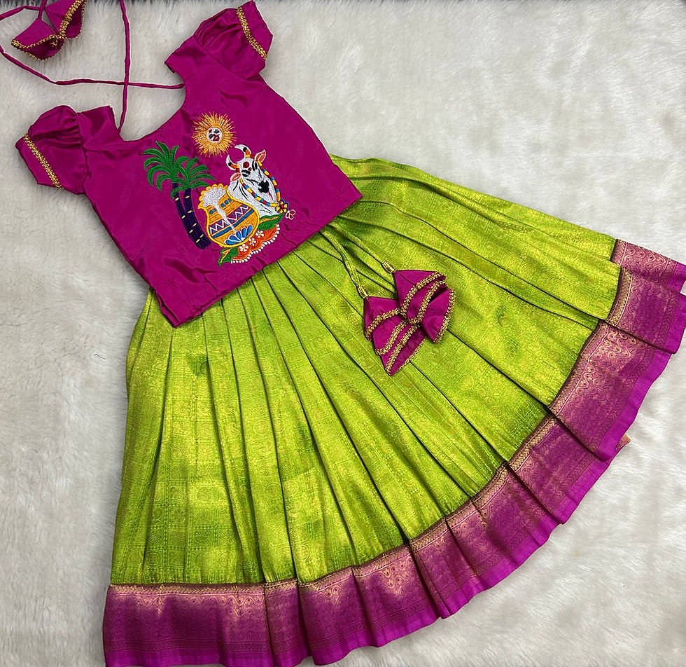 Thumbnail: Beautiful pattu pavadai paired with pongal themed embroidery blouse 