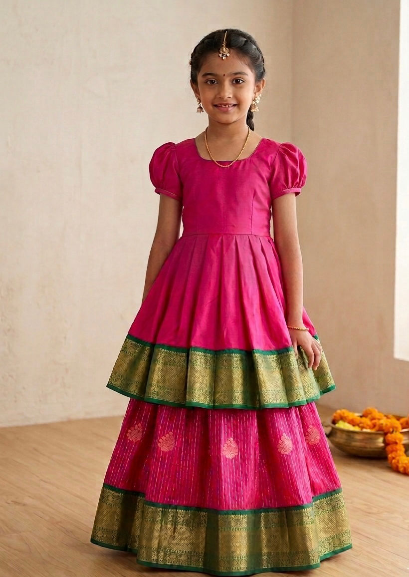 Thumbnail: beautiful kanchipuram Pattu Pavadai for little lillies