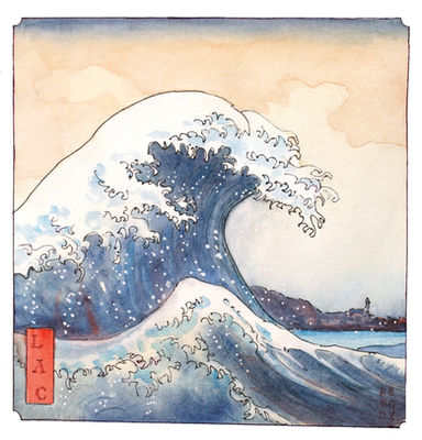 Grande vague, Peinture à l'aquarelle du lac d'Annecy à la façon des peintres japonais, estampe japonaise. Montagne la Tournette sur le lac, vaguelettes, bateaux, voiliers, hiroshige, hokusai, vague, estampe du monde flottant, watercolor japan, wave, aquarelle région savoie haute-savoie, aquarelle marine, haikus de Jean-Paul Renoux
