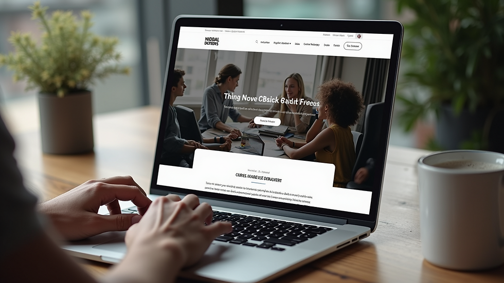 High angle view of a laptop displaying a responsive website template in a CMS editor