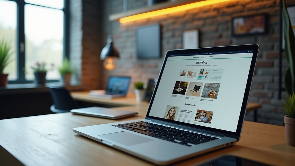 Eye-level view of a modern workspace with a laptop displaying modular website blocks