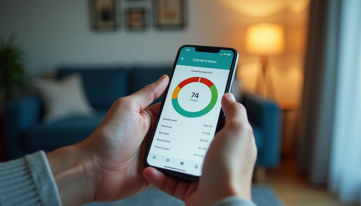 Close-up of hands holding a smartphone showing a credit score dashboard with a downward red arrow. Blurred home background, warm natural lighting, calm but concerned mood, muted blues and warm neutrals, photorealistic.