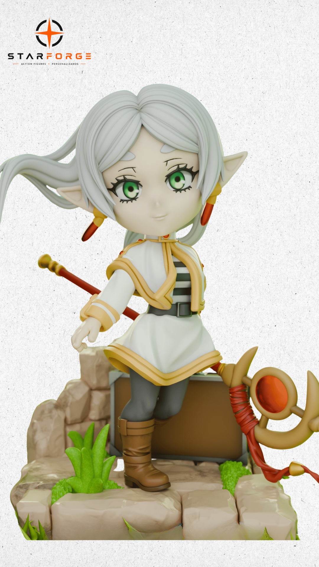 Action figure Frieren Chibi em base de pedra com cajado.