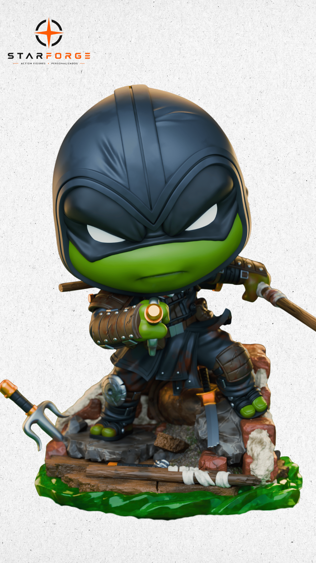 Action figure estilo Chibi de Last Ronin TMNT em pose de combate sobre destroços.