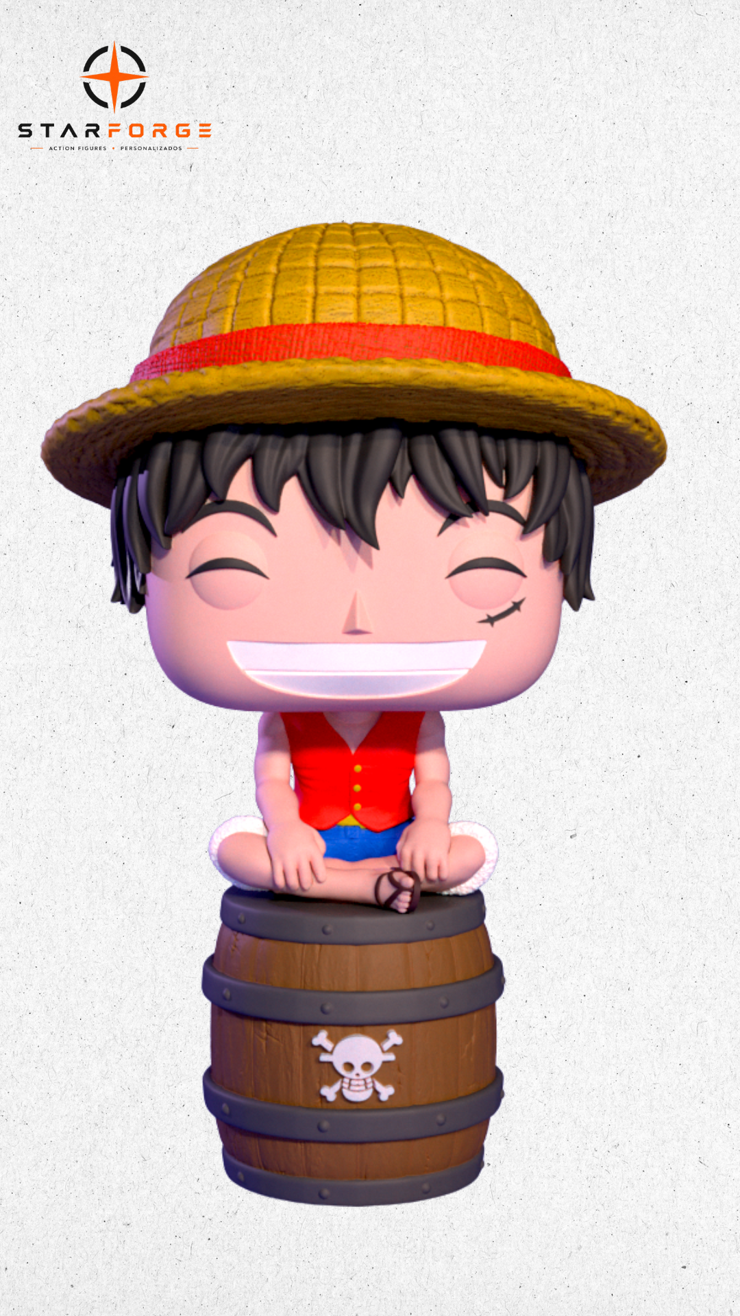 Monkey D. Luffy Funko Pop sorridente sentado em um barril