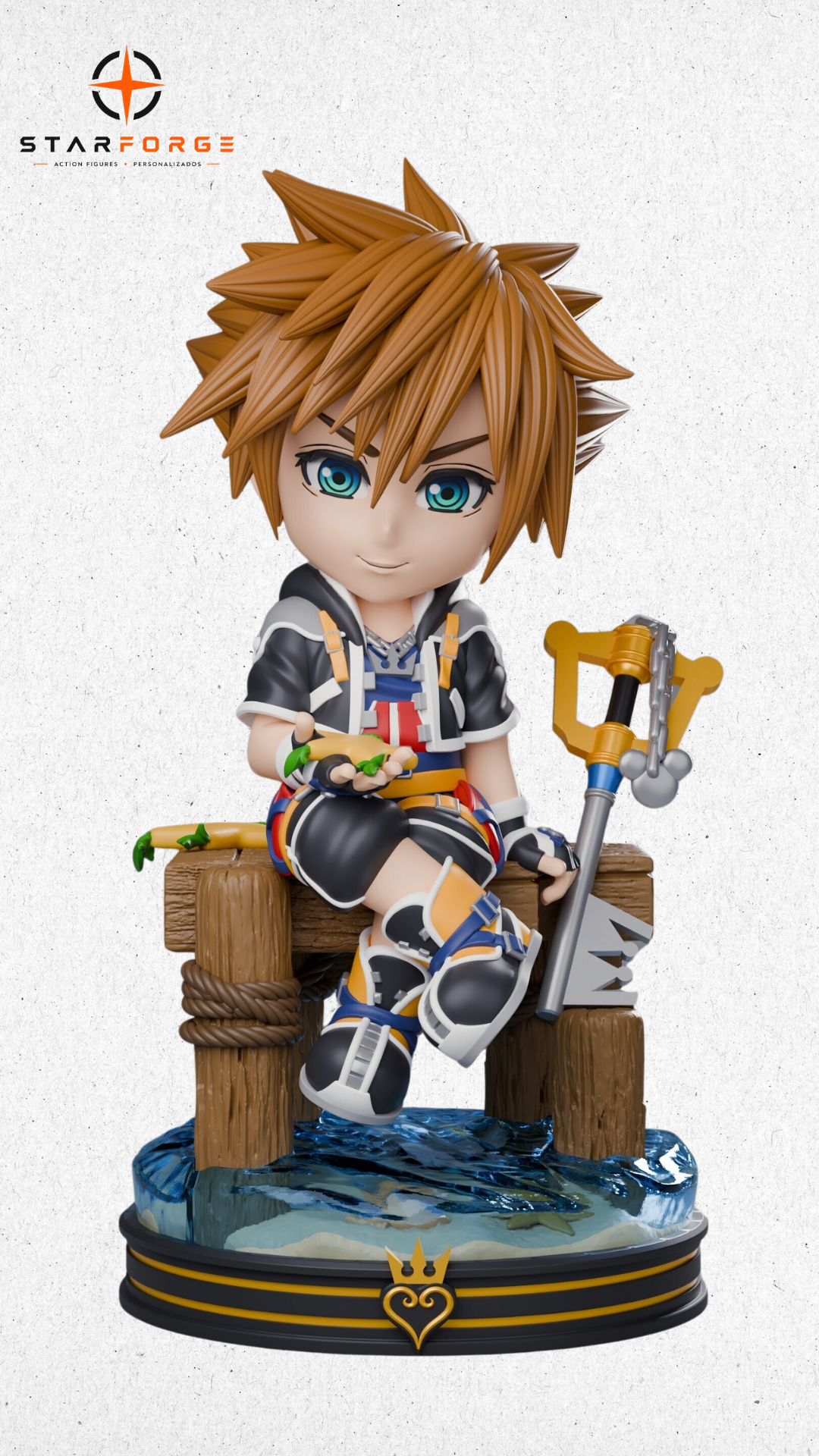 Sora Chibi de Kingdom Hearts com Keyblade em um píer.