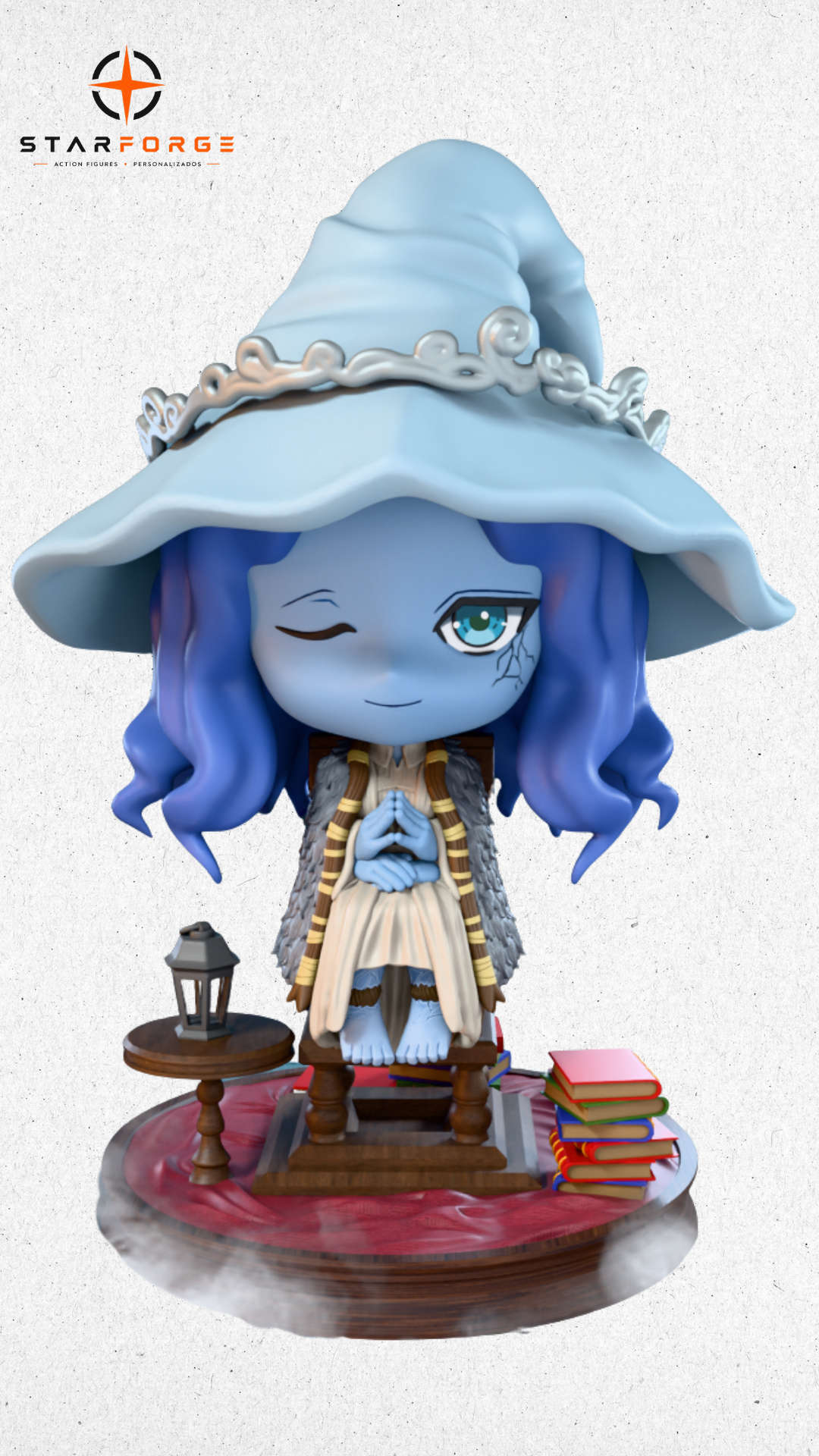 Miniatura Chibi da Ranni de Elden Ring com chapéu azul.