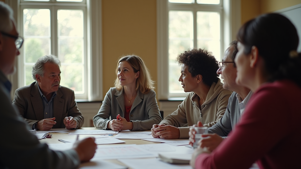 Close-up view of a community meeting with diverse residents discussing plans