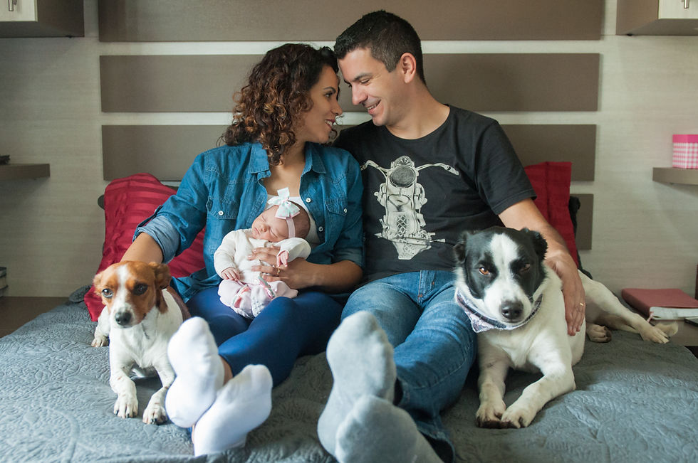 foto família completa com pais bebê e cachorros na cama juntos, bebê dorme no colo da mãe