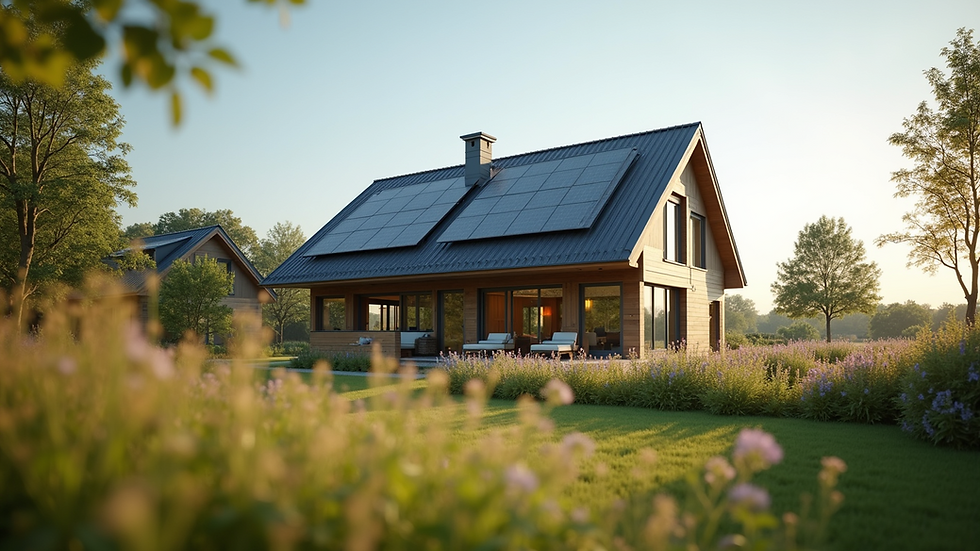 Eye-level view of a modern energy-efficient home with solar panels