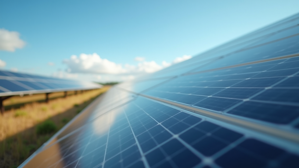 Eye-level view of a solar farm with solar panels under a clear blue sky