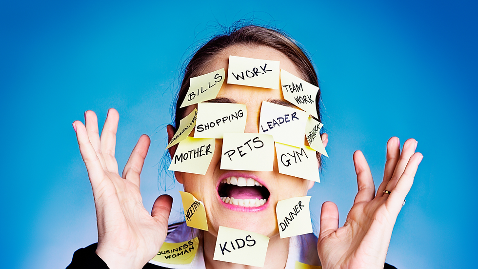 a woman is stressed out, frantic, and having an anxiety attack. Her face is covered with stick it notes and reminders of all she has to do in her day. This shows how perspective and proper prioritization is needed to keep her life in order, rather than a hectic and chaotic stressful career and life. She has goals for her health, work, and family and she is frozen and feels trapped