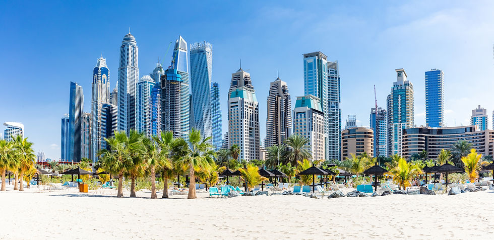 Dubai jumeirah beach with marina skyscrapers in UAE. Popular public JBR beach.jpg