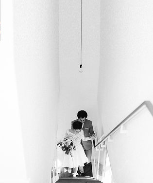 Wedding couple walking up stairs