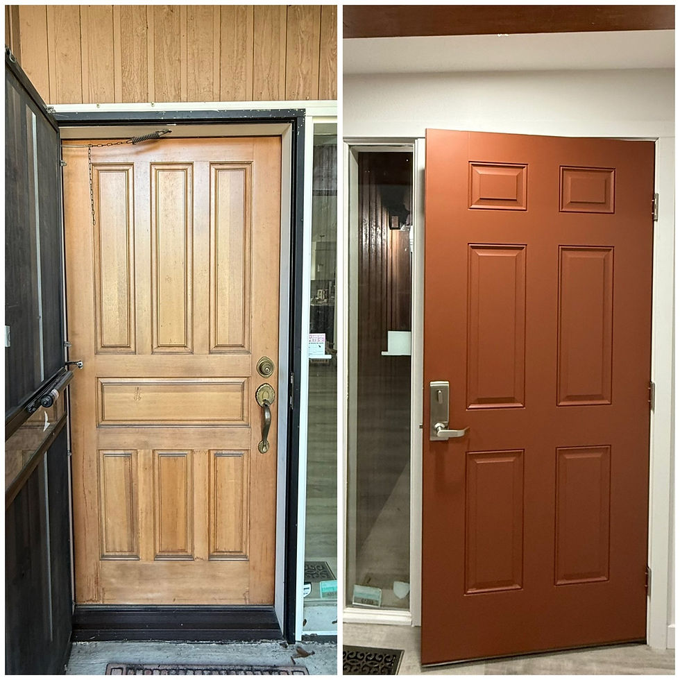 Before and after of a home entry: old wood front door, then a terracotta-colored door with fresh white trim