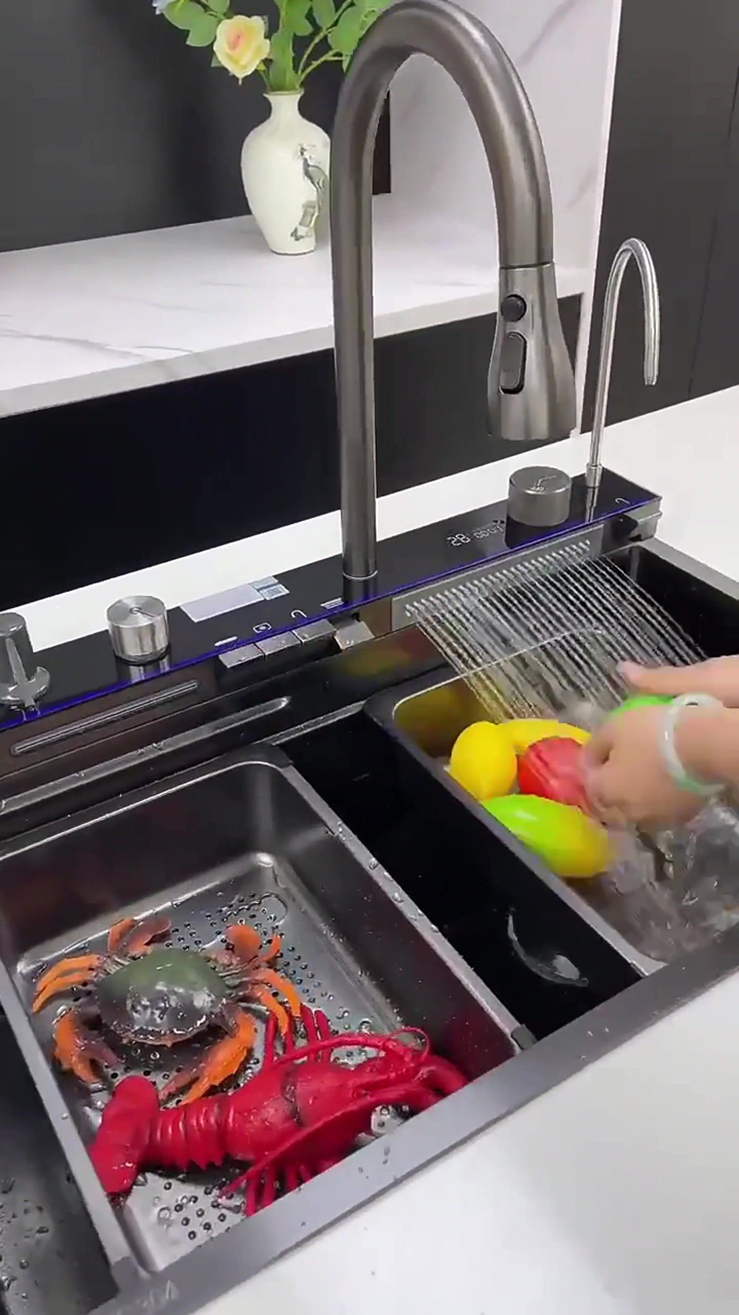 Stainless Steel LED Waterfall Kitchen Sink Digital Display With Drain Board