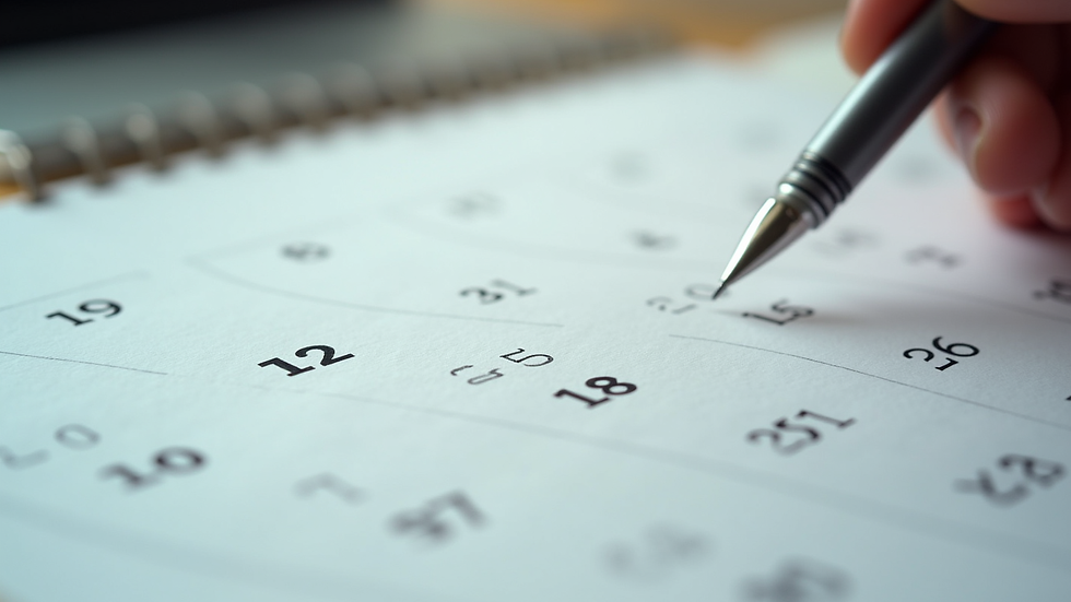 Close-up view of a calendar with marked dates and a pen
