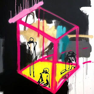 Contorno de un cubo en rosa y amarillo con goteos, sobre fondo gestual en blanco y negro