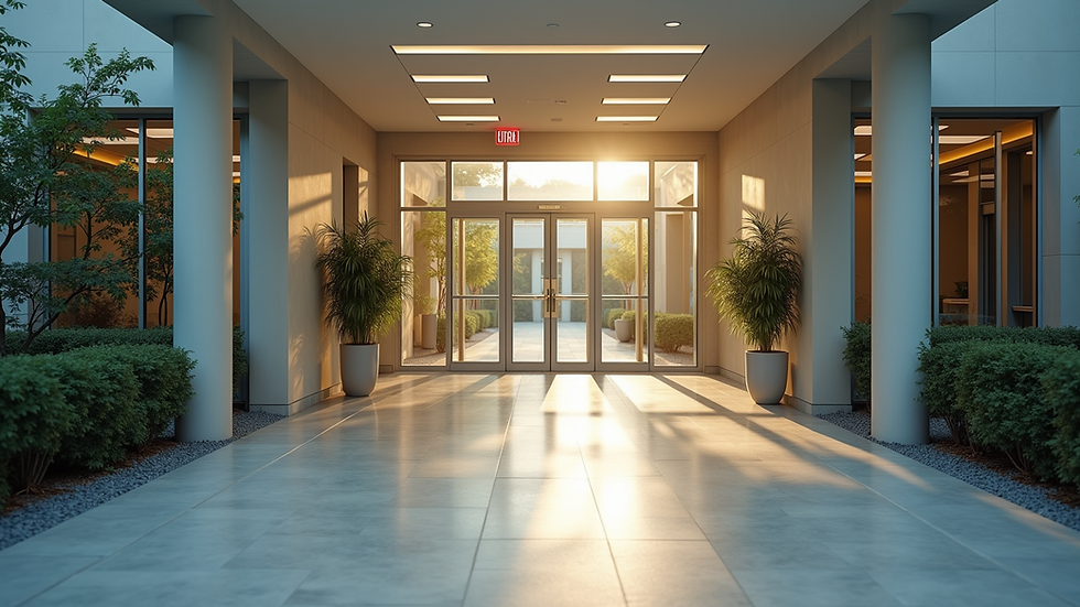 Eye-level view of a healthcare facility with a welcoming entrance