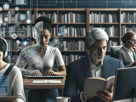 Conceptual image of professionals working alongside AI, symbolizing the balance between technology and human skills in the future of work.