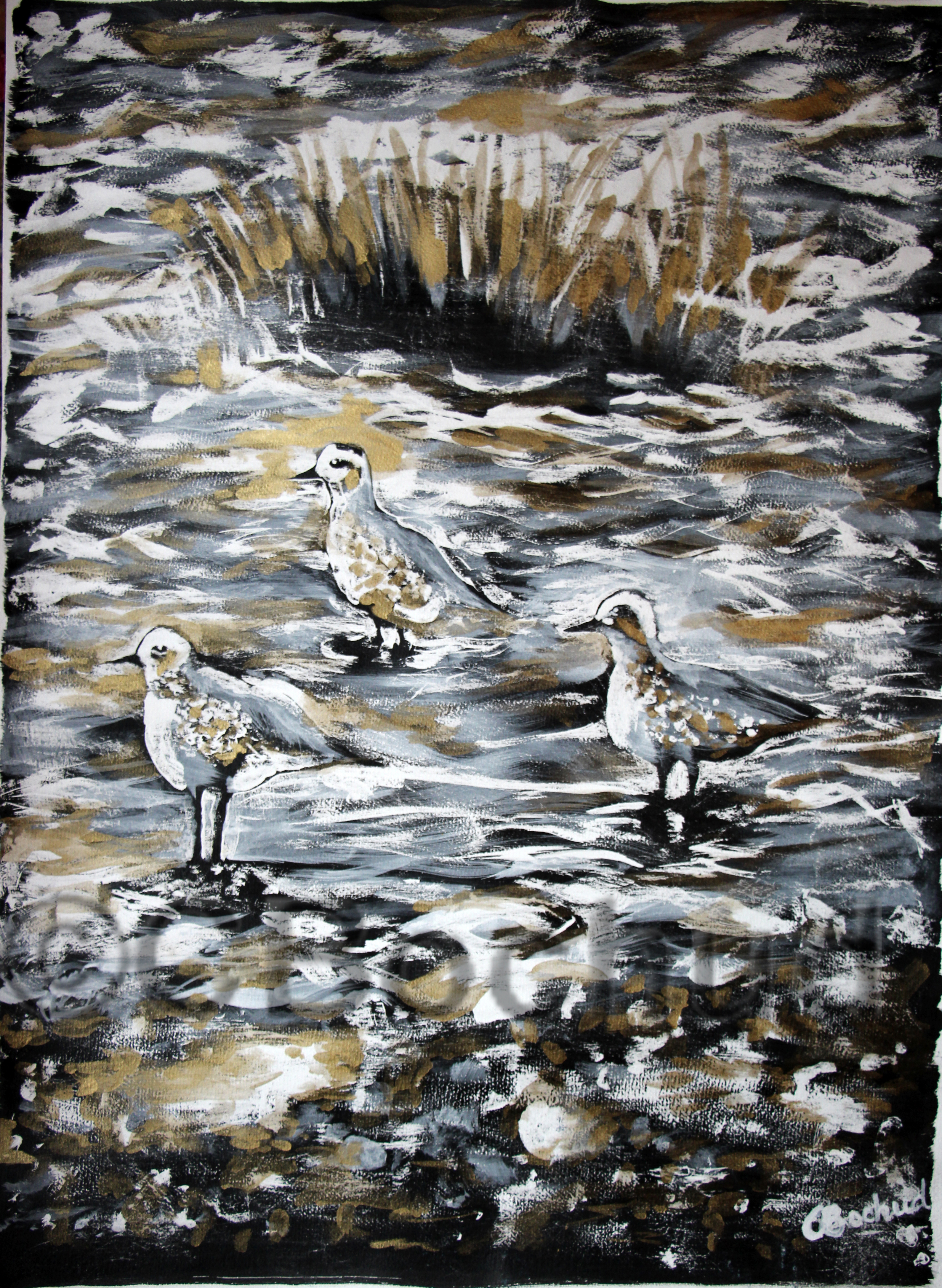 bird seashore gold ink