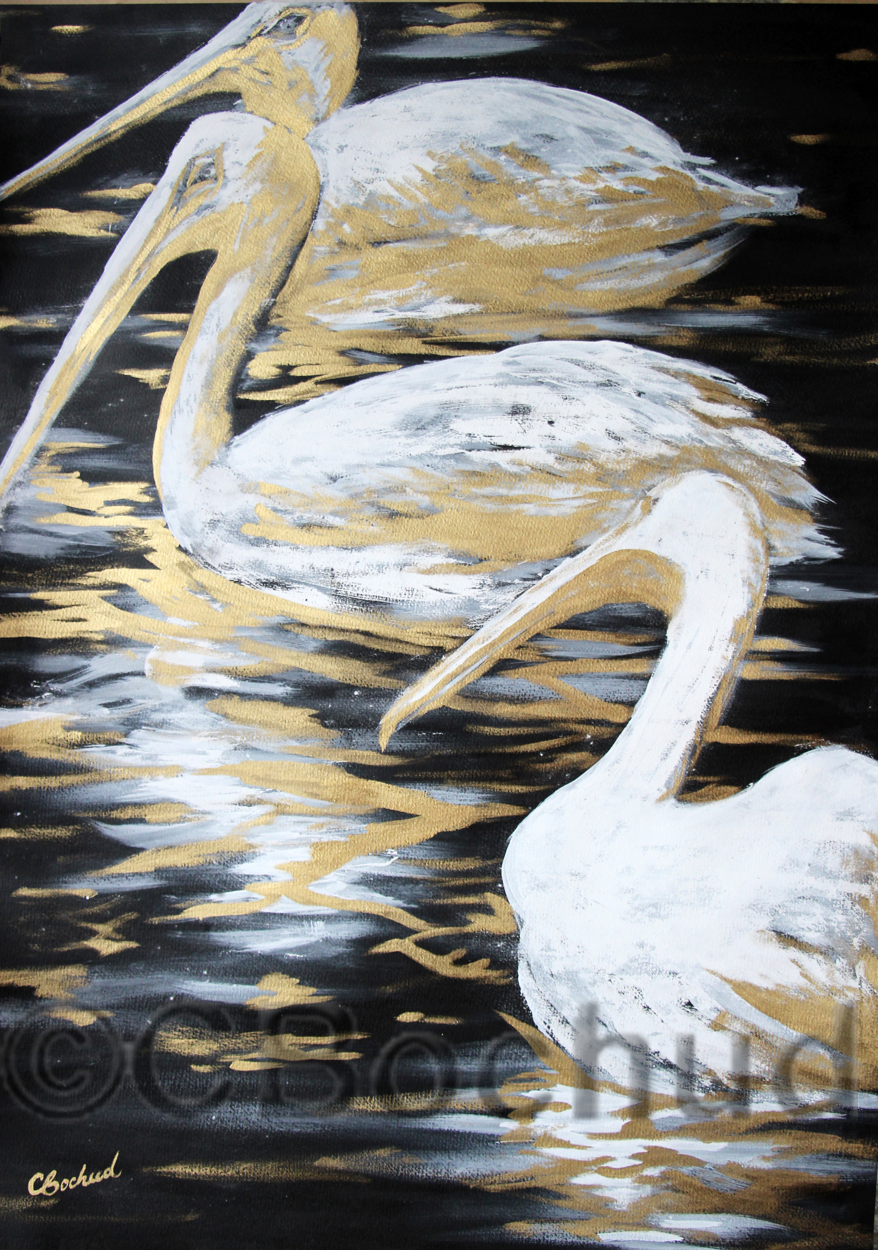 pelican bird gold ink gouache