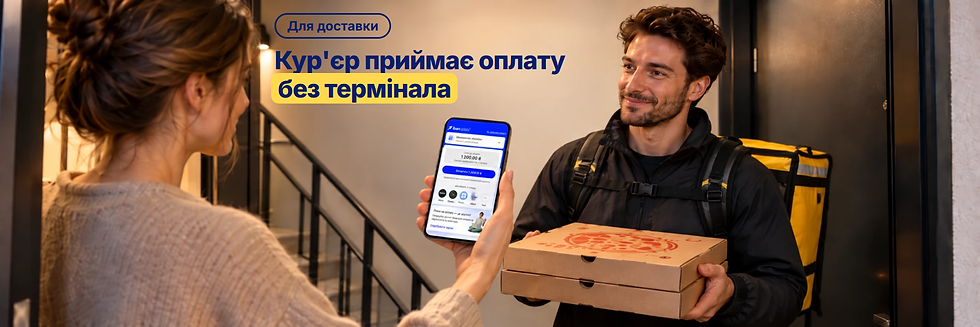 Клієнтка на порозі оплачує доставку зі смартфона на сторінці оплати IBAN oplata, кур'єр тримає замовлення