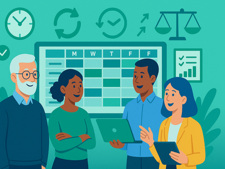 Quattro colleghi di diverse età e background collaborano davanti a un calendario digitale dei turni, con icone che rappresentano flessibilità, equilibrio e organizzazione.