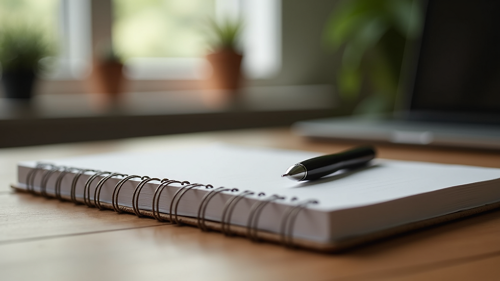Close-up view of a journal and pen on a wooden desk