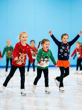 group of young beginner figure skaters, various ages, in holiday sweaters performing, skat