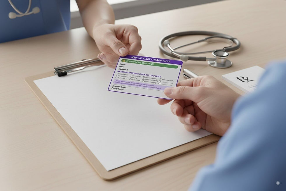 Hands hold a medical alert card for fibromyalgia with a symptoms checklist