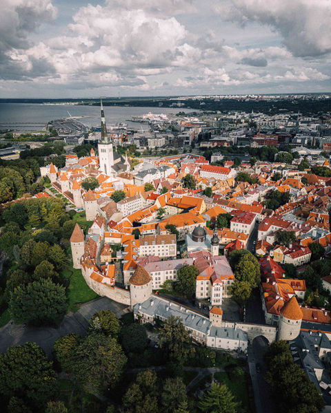Aerial views of the medieval Tallinn Old Town - UNESCO's World Heritage Site