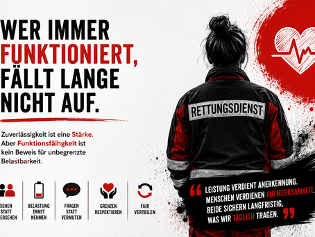 Rettungsdienstmitarbeiterin von hinten als Symbol für hohe Leistungsbereitschaft, unsichtbare Belastung und die Grenzen dauerhafter Belastbarkeit im Rettungsdienst