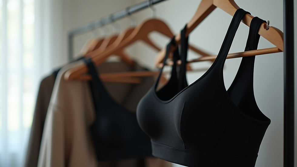 Eye-level view of a black yoga bra hanging on a minimalist clothing rack