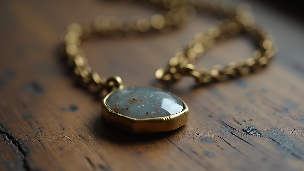 Close-up view of a handmade necklace with polished agate pendant and brass chain