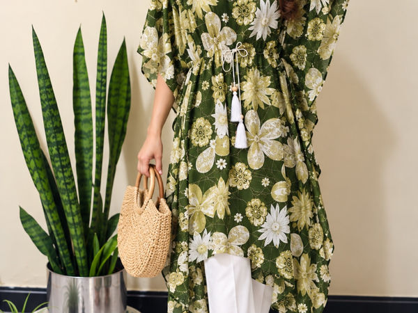 Floral Printed Drawstring Kaftan Dress