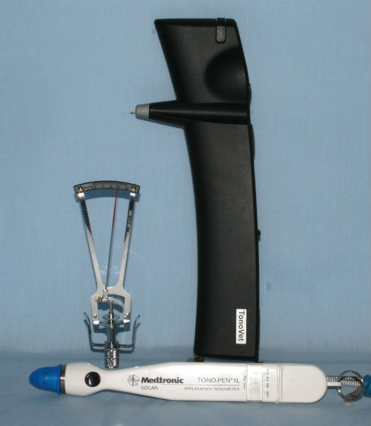 Tonometers used in veterinary practice. Schiotz tonometer (top left) is an indentation tonometer. TonoVet tonometer (top right) is a rebound tonometer. TonoPen (bottom) is an applanation tonometer. Image courtesy of Natasha Mitchell.