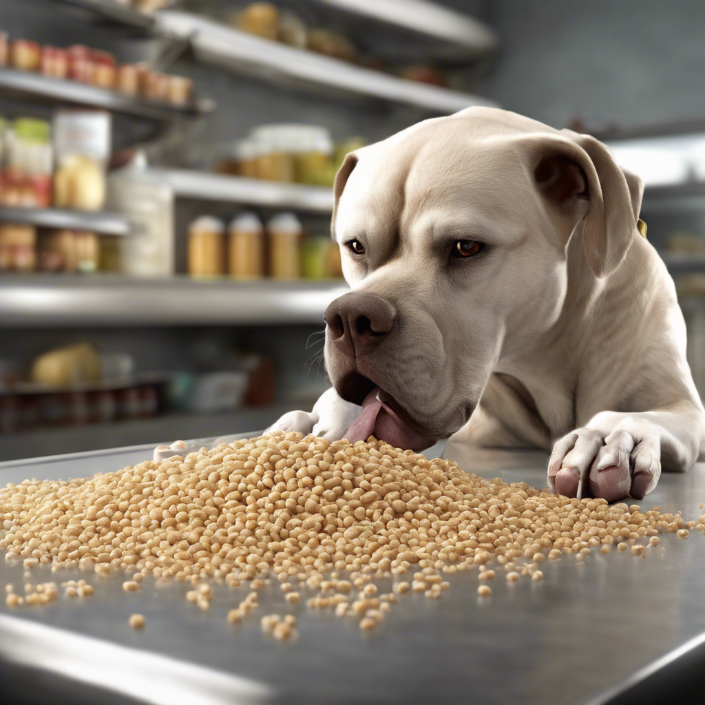 A dog eating pellets