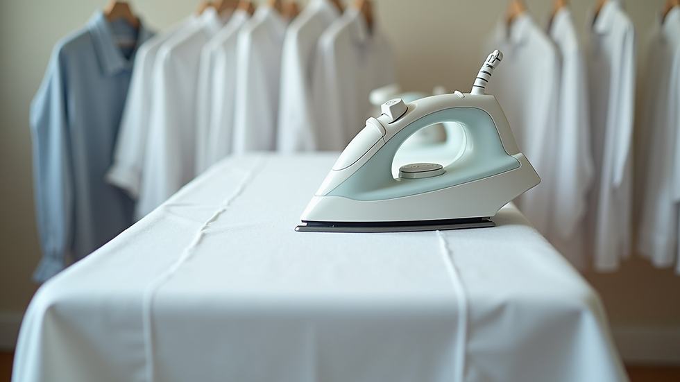 Eye-level view of ironing board with freshly pressed white shirts